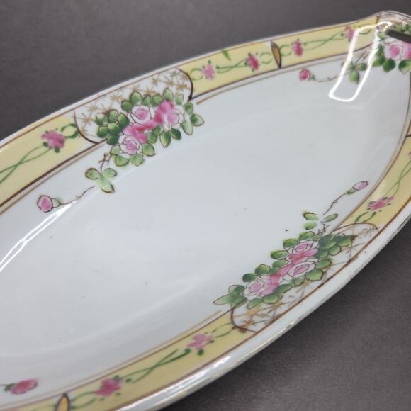 Nippon Hand Painted Celery Dish Pink Floral Porcelain 11in Chintz - Picture 5 of 16
